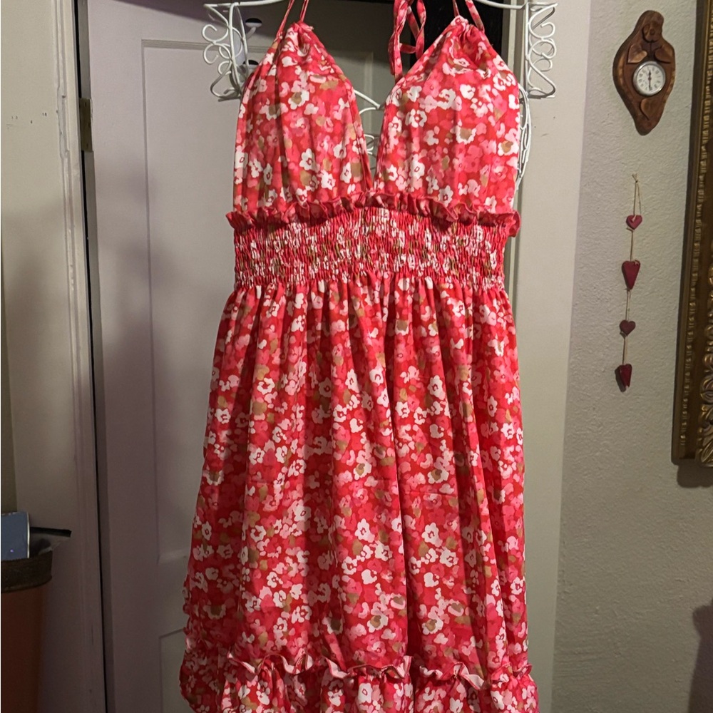 Pink Ruffled Smocked Sundress with Halter Neckline